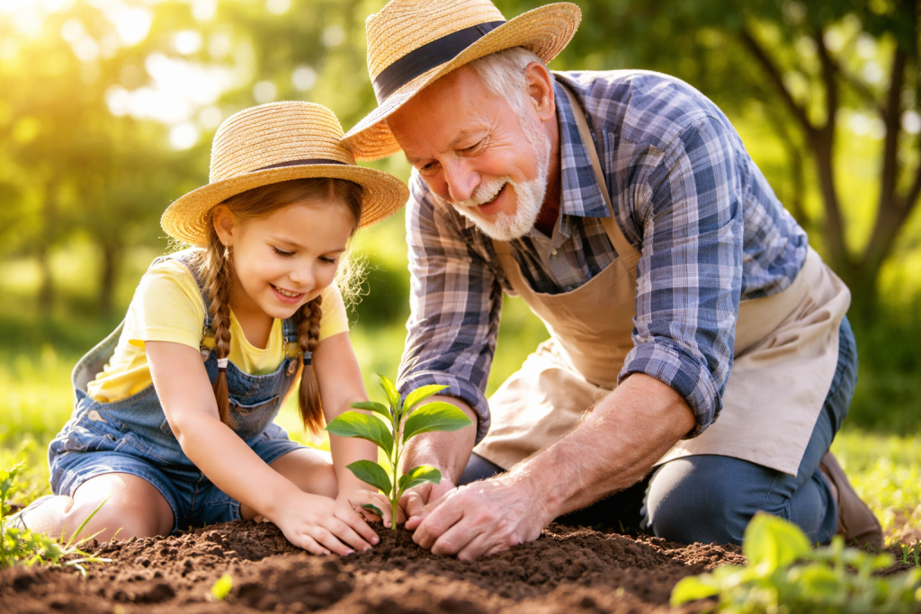 Grandpa and grandaughter planing a tree